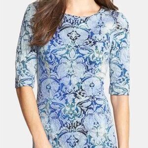 BETSEY JOHNSON Damask Print Knit 3/4 Sleeve Sheath Lined Dress Size 6